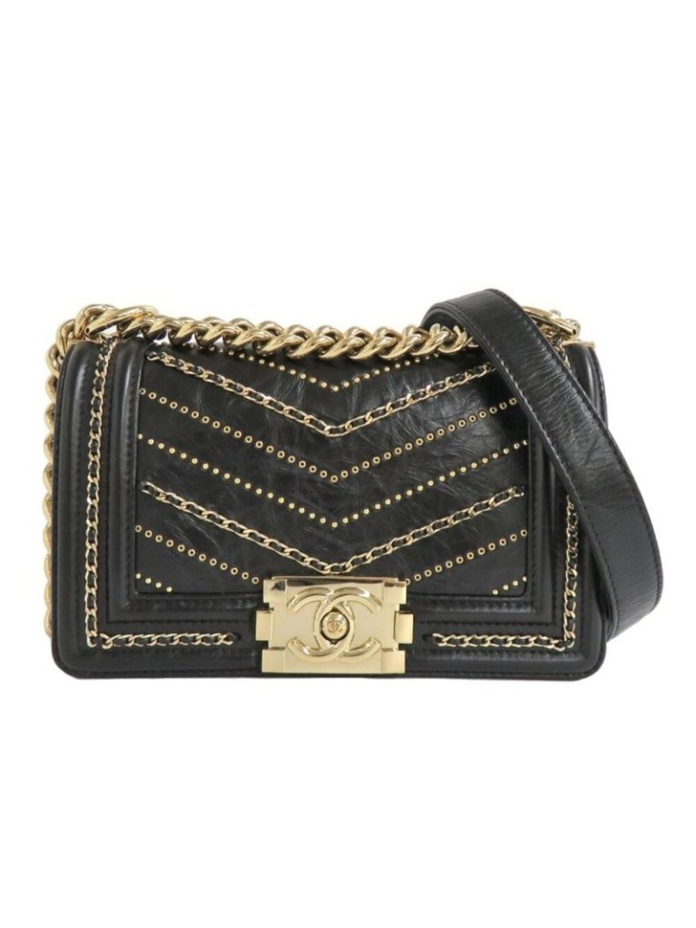 Chanel Boy 20 Chain Shoulder Flap Bag Cuff Black Studs